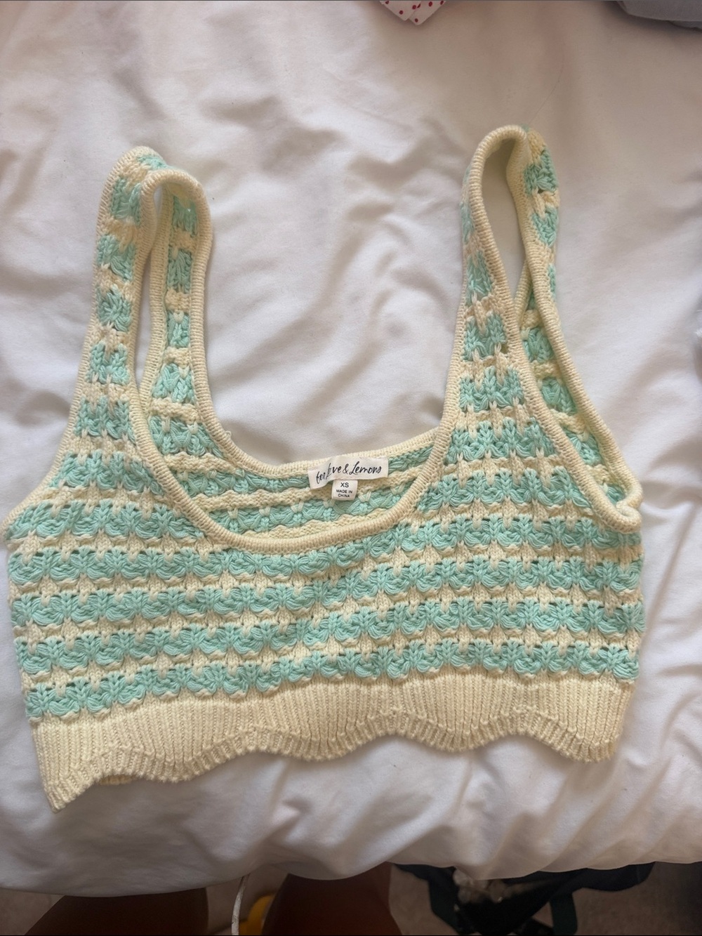 For Love & Lemons Mint and Cream Crochet Crop Top